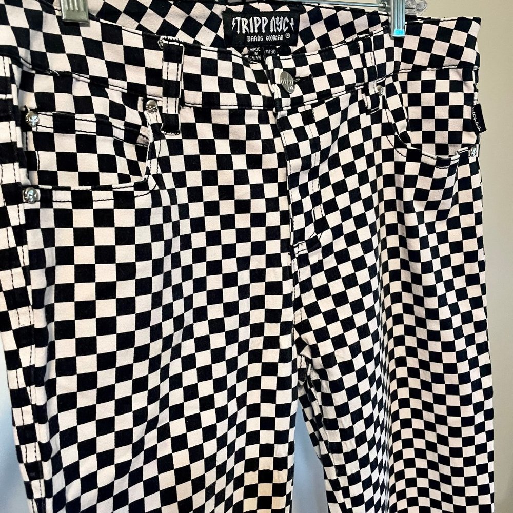 Tripp NYC Daang Goodman Black White Checker Skinny Mid Rise Stretch Jeans 30